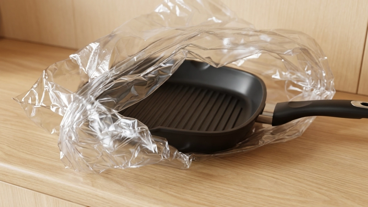 Пакую сковороду в пакет, и нагар легко сползает ошметками - красуюсь в отражении